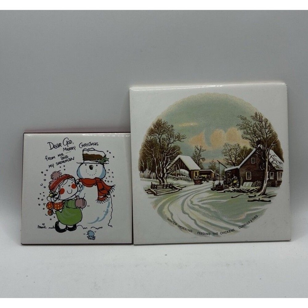 Vintage  Christmas Tile Trivet Coaster Set of 2-4” And 6”